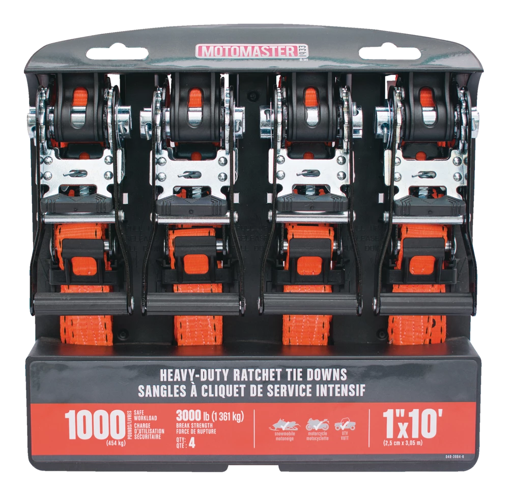 MotoMaster 3,000-lb Heavy Duty Ratchet Tie Down Strap, Non-Padded, 1-in X 10-ft, 4-pk 3 MotoMaster 3,000-lb Heavy Duty Ratchet Tie Down Strap, Non-Padded, 1-in X 10-ft, 4-pk - Image 3