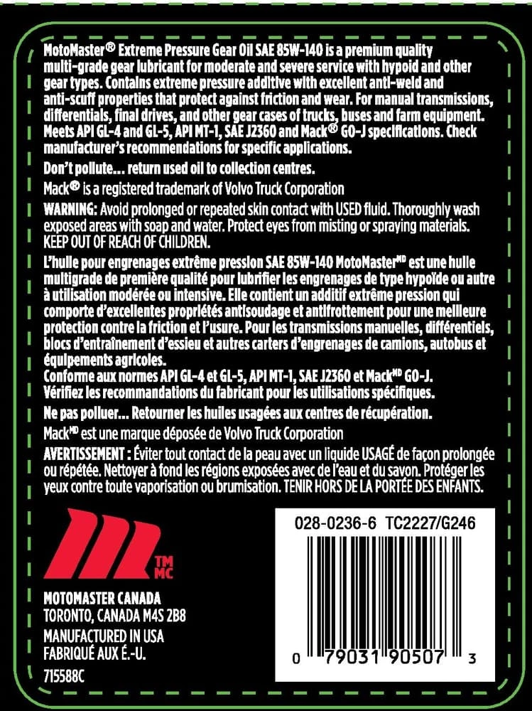 MotoMaster Extreme Pressure Gear Oil 85W140, 946-mL 2 MotoMaster Extreme Pressure Gear Oil 85W140, 946-mL - Image 2